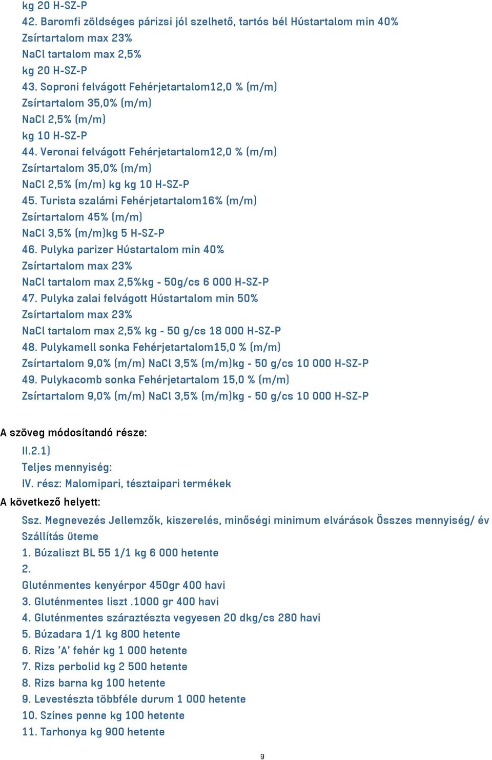 Veronai felvágott Fehérjetartalom12,0 % (m/m) Zsírtartalom 35,0% (m/m) NaCl 2,5% (m/m) kg kg 10 H-SZ-P 45.