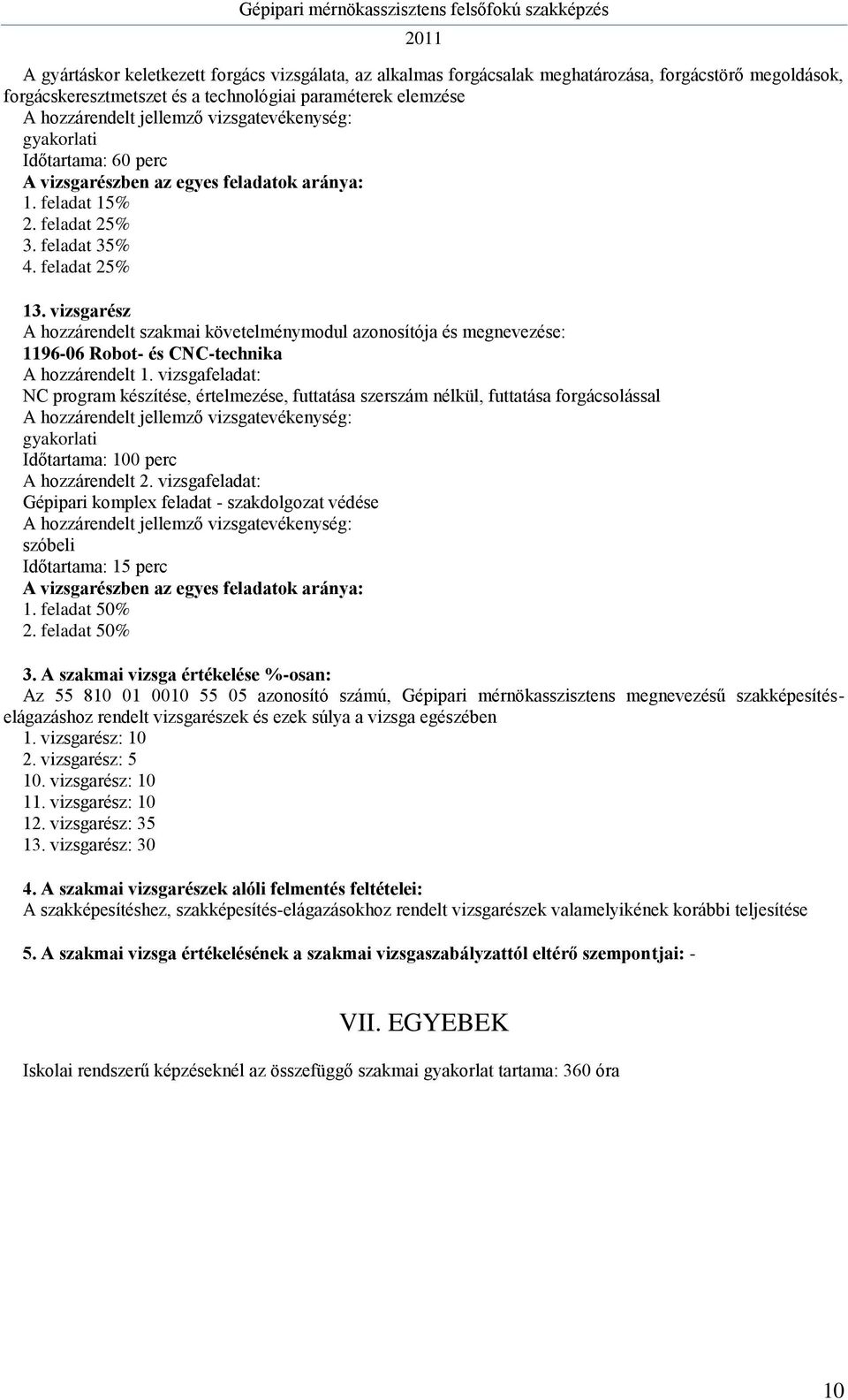 vizsgarész A hozzárendelt szakmai követelménymodul azonosítója és megnevezése: 1196-06 Robot- és CNC-technika A hozzárendelt 1.