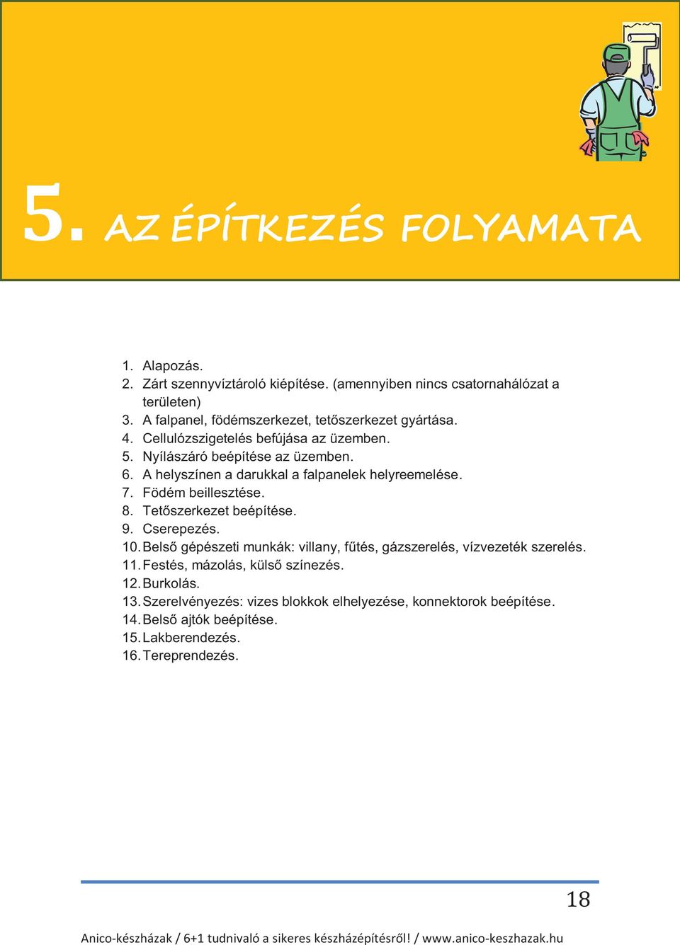 A helyszínen a darukkal a falpanelek helyreemelése. 7. Födém beillesztése. 8. Tetőszerkezet beépítése. 9. Cserepezés. 10.