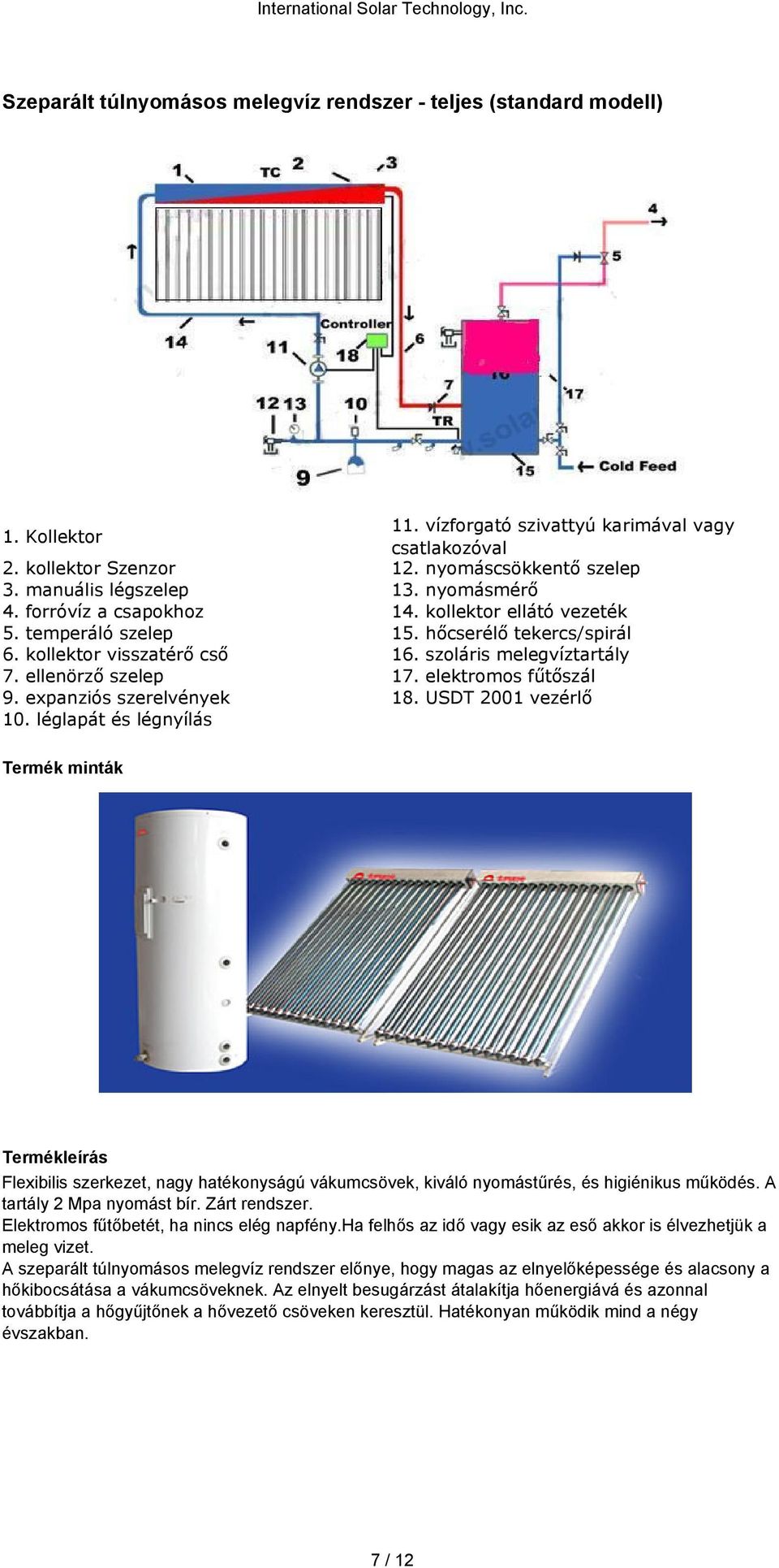hőcserélő tekercs/spirál 16. szoláris melegvíztartály 17. elektromos fűtőszál 18.