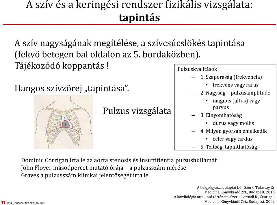 Pulzus vizsgálata Pulzuskvalitások Dominic Corrigan írta le az aorta stenosis és insuffitientia pulzushullámát John Floyer másodpercet mutató órája a pulzusszám mérése Graves a pulzusszám klinikai