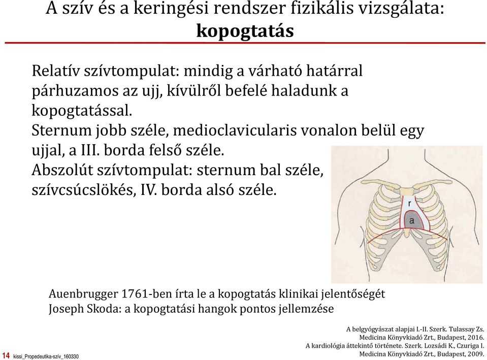 Auenbrugger 1761-ben írta le a kopogtatás klinikai jelentőségét Joseph Skoda: a kopogtatási hangok pontos jellemzése 14 kissi_propedeutika-szív_160330 A belgyógyászat