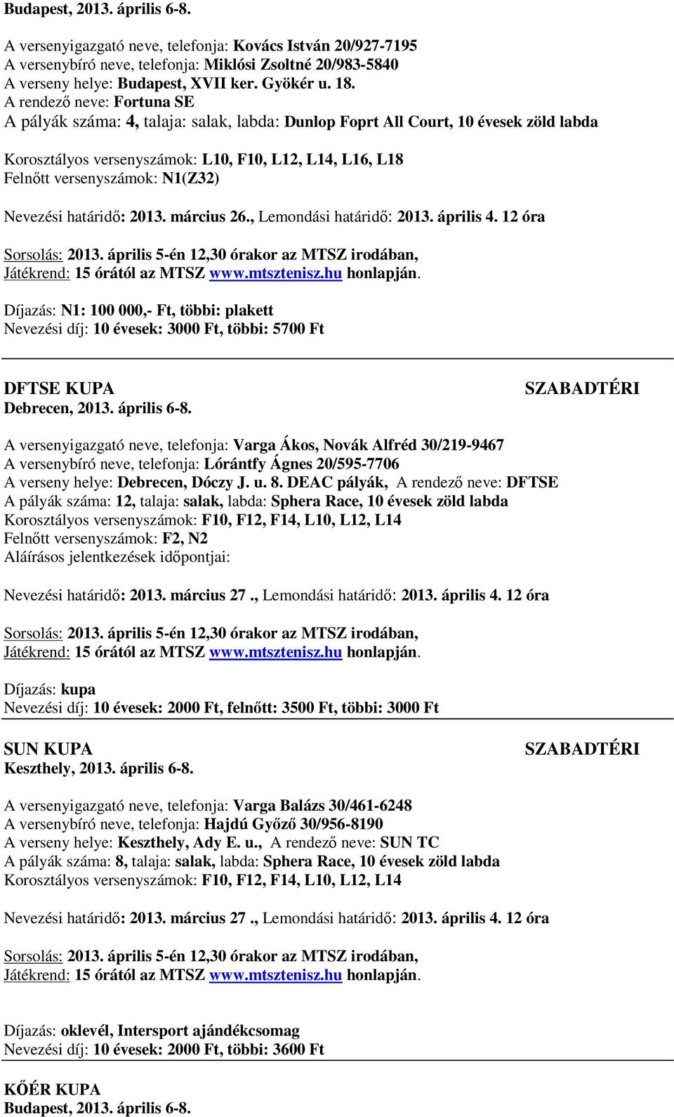 N1(Z32) Nevezési határidő: 2013. március 26., Lemondási határidő: 2013. április 4. 12 óra Sorsolás: 2013.