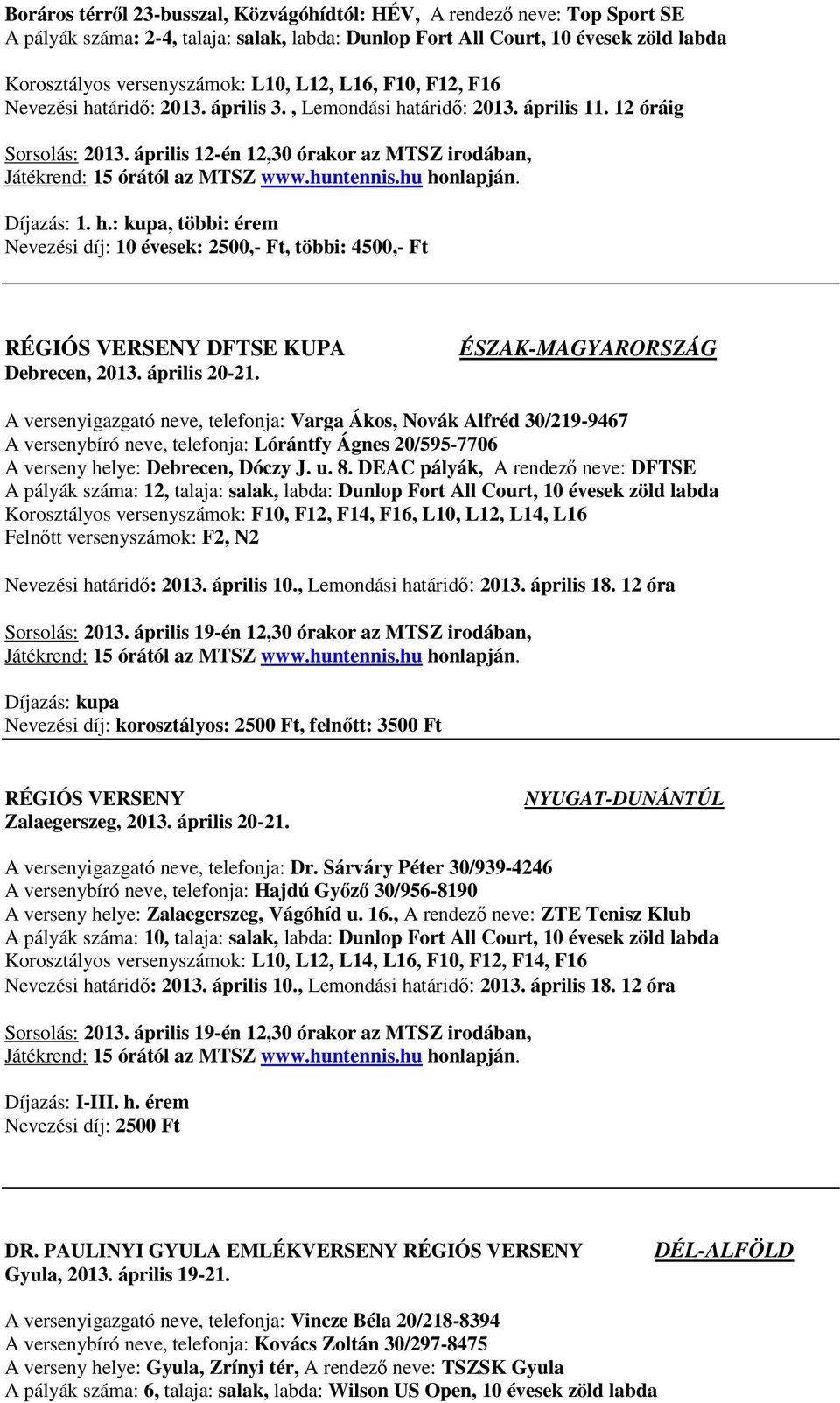 április 20-21. ÉSZAK-MAGYARORSZÁG A versenyigazgató neve, telefonja: Varga Ákos, Novák Alfréd 30/219-9467 Lórántfy Ágnes 20/595-7706 A verseny helye: Debrecen, Dóczy J. u. 8.