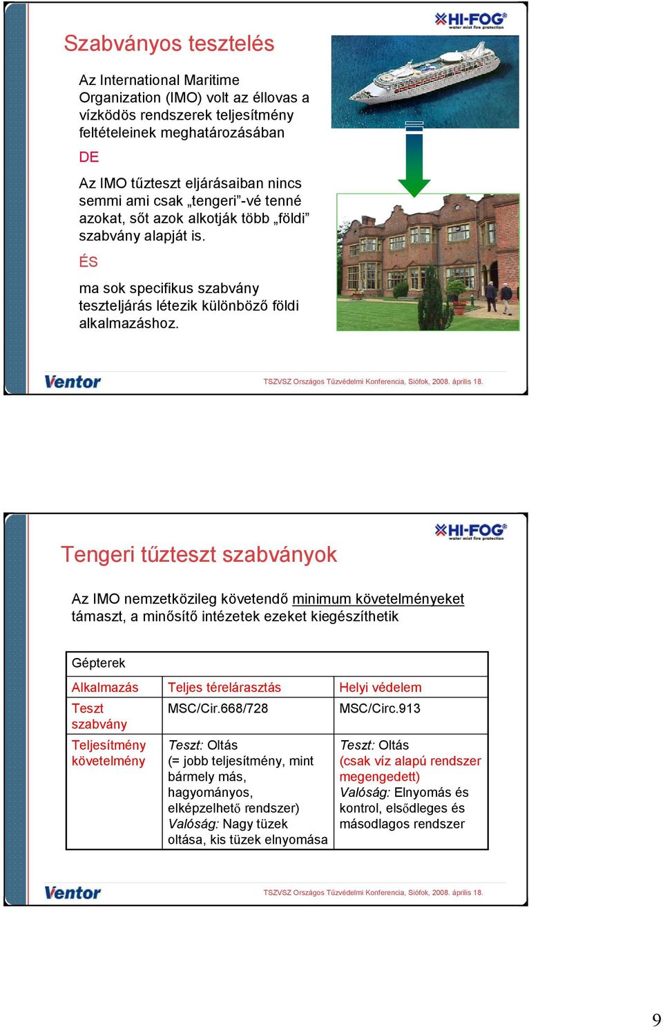 Tengeri tzteszt szabványok Az IMO nemzetközileg követend% minimum követelményeket támaszt, a min%sít% intézetek ezeket kiegészíthetik Gépterek Alkalmazás Teszt szabvány Teljesítmény követelmény