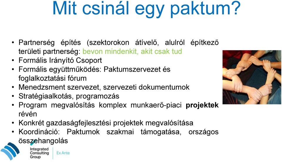 Irányító Csoport Formális együttműködés: Paktumszervezet és foglalkoztatási fórum Menedzsment szervezet, szervezeti