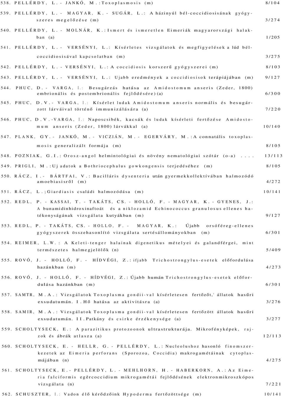 PELLÉRDY, L. - VERSÉNYI, L. : A coccidiosis korszerű gyógyszerei (m) 8/103 543. PELLÉRDY, L. - VERSÉNYI, L. : Ujabb eredmények a coccidiosisok terápiájában (m) 9/127 544. PHUC, D. - VARGA, I.