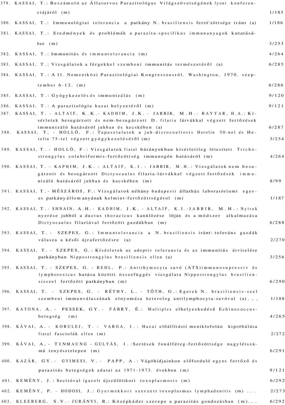 KASSAI, T.: Vizsgálatok a férgekkel szembeni immunitás természetéről (a) 6/285 384. KASSAI, T.: A II. Nemzetközi Parazitológiai Kongresszusról. Washington, 1970. szeptember 6-12. (m) 6/286 385.