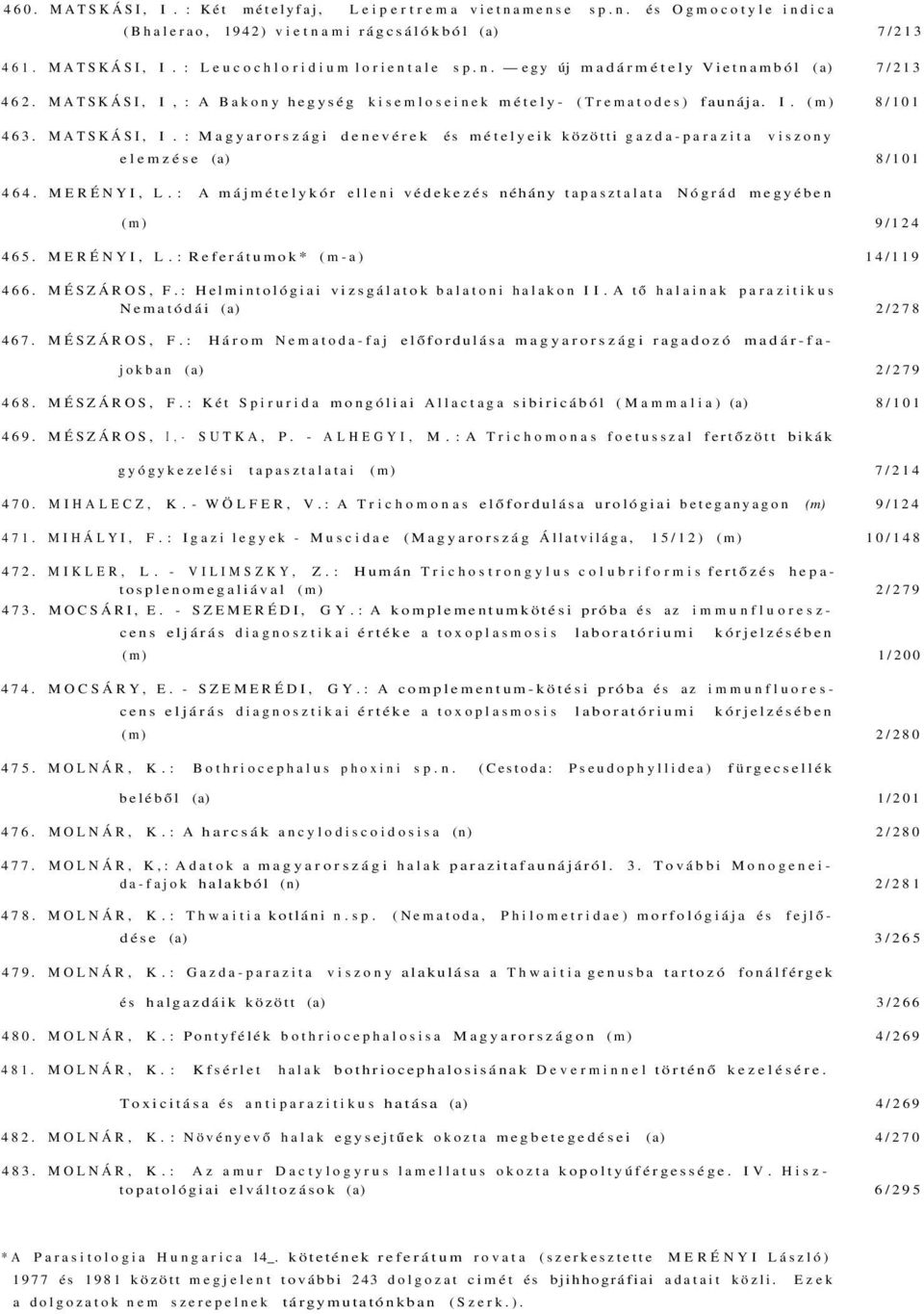 MERÉNYI, L.: A májmételykór elleni védekezés néhány tapasztalata Nógrád megyében (m) 9/124 465. MERÉNYI, L.: Referátumok* (m-a) 14/119 466. MÉSZÁROS, F.