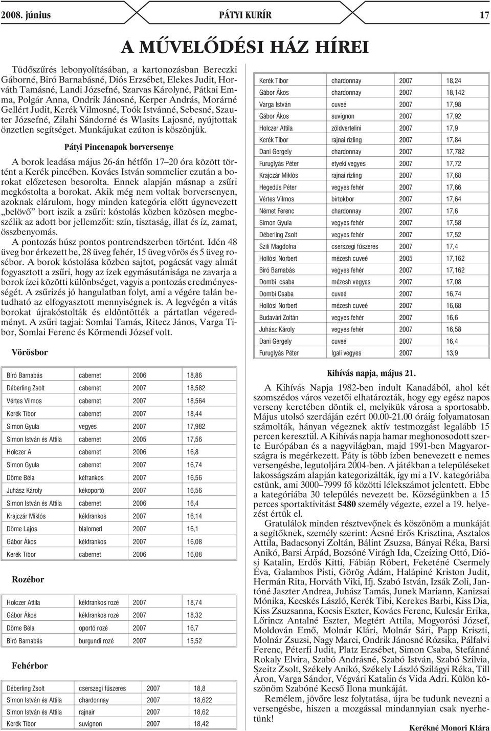 nyújtottak önzetlen segítséget. Munkájukat ezúton is köszönjük. Pátyi Pincenapok borversenye A borok leadása május 26-án hétfõn 17 20 óra között történt a Kerék pincében.