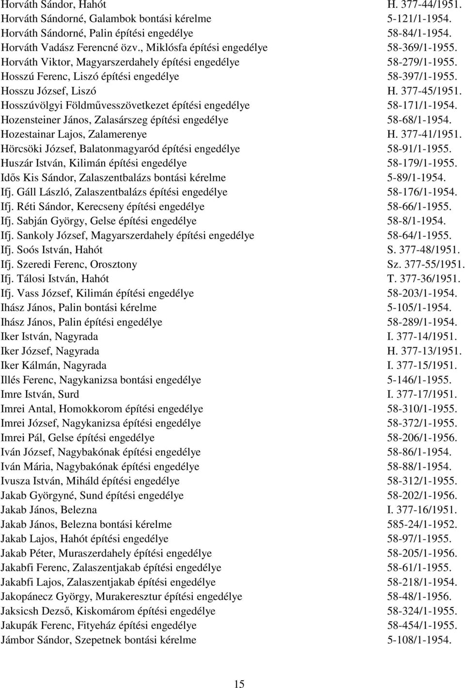 Hosszúvölgyi Földművesszövetkezet építési engedélye 58-171/1-1954. Hozensteiner János, Zalasárszeg építési engedélye 58-68/1-1954. Hozestainar Lajos, Zalamerenye H. 377-41/1951.