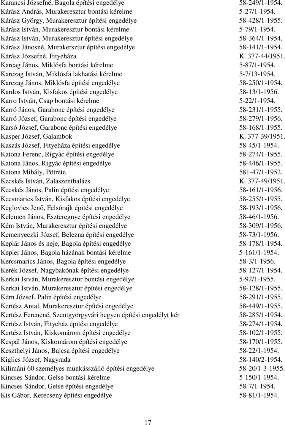 Kárász Józsefné, Fityeháza K. 377-44/1951. Karcag János, Miklósfa bontási kérelme 5-87/1-1954. Karczag István, Miklósfa lakhatási kérelme 5-7/13-1954.