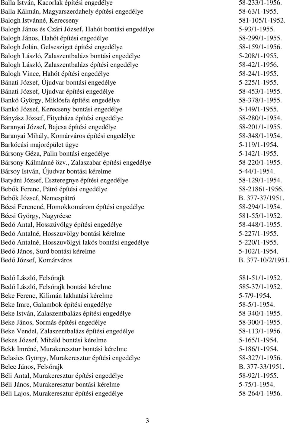 Balogh László, Zalaszentbalázs bontási engedélye 5-208/1-1955. Balogh László, Zalaszentbalázs építési engedélye 58-42/1-1956. Balogh Vince, Hahót építési engedélye 58-24/1-1955.