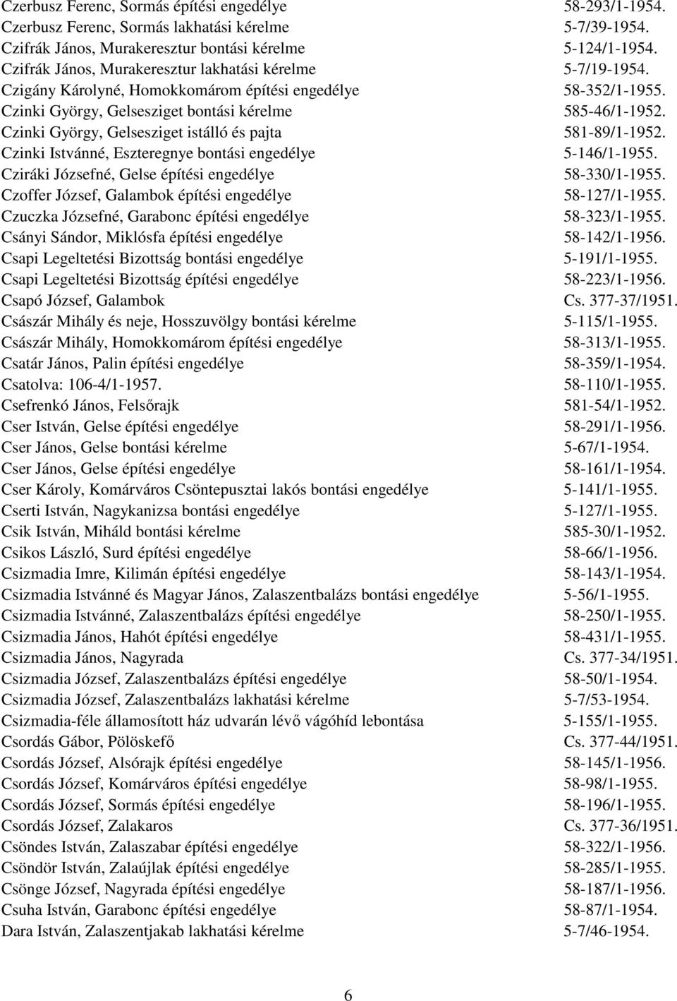 Czinki György, Gelsesziget istálló és pajta 581-89/1-1952. Czinki Istvánné, Eszteregnye bontási engedélye 5-146/1-1955. Cziráki Józsefné, Gelse építési engedélye 58-330/1-1955.