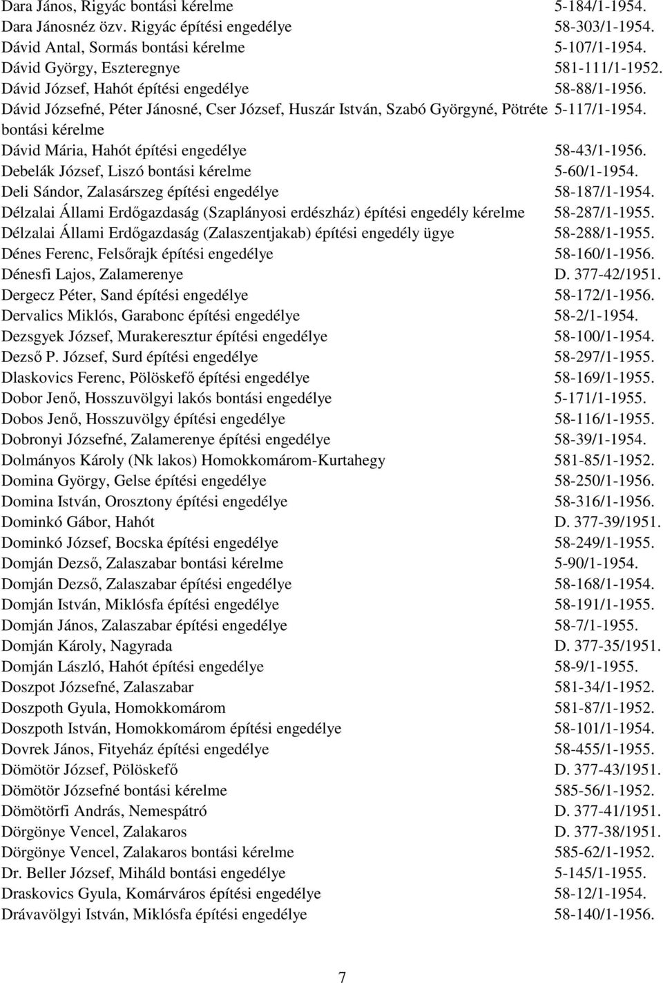 bontási kérelme Dávid Mária, Hahót építési engedélye 58-43/1-1956. Debelák József, Liszó bontási kérelme 5-60/1-1954. Deli Sándor, Zalasárszeg építési engedélye 58-187/1-1954.