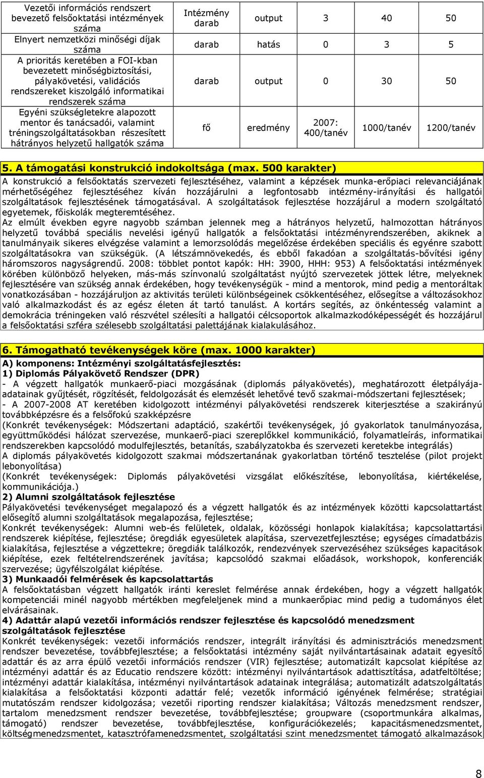 Intézmény output 3 40 50 hatás 0 3 5 output 0 30 50 fı eredmény 2007: 400/tanév 1000/tanév 1200/tanév 5. A támogatási konstrukció indokoltsága (max.