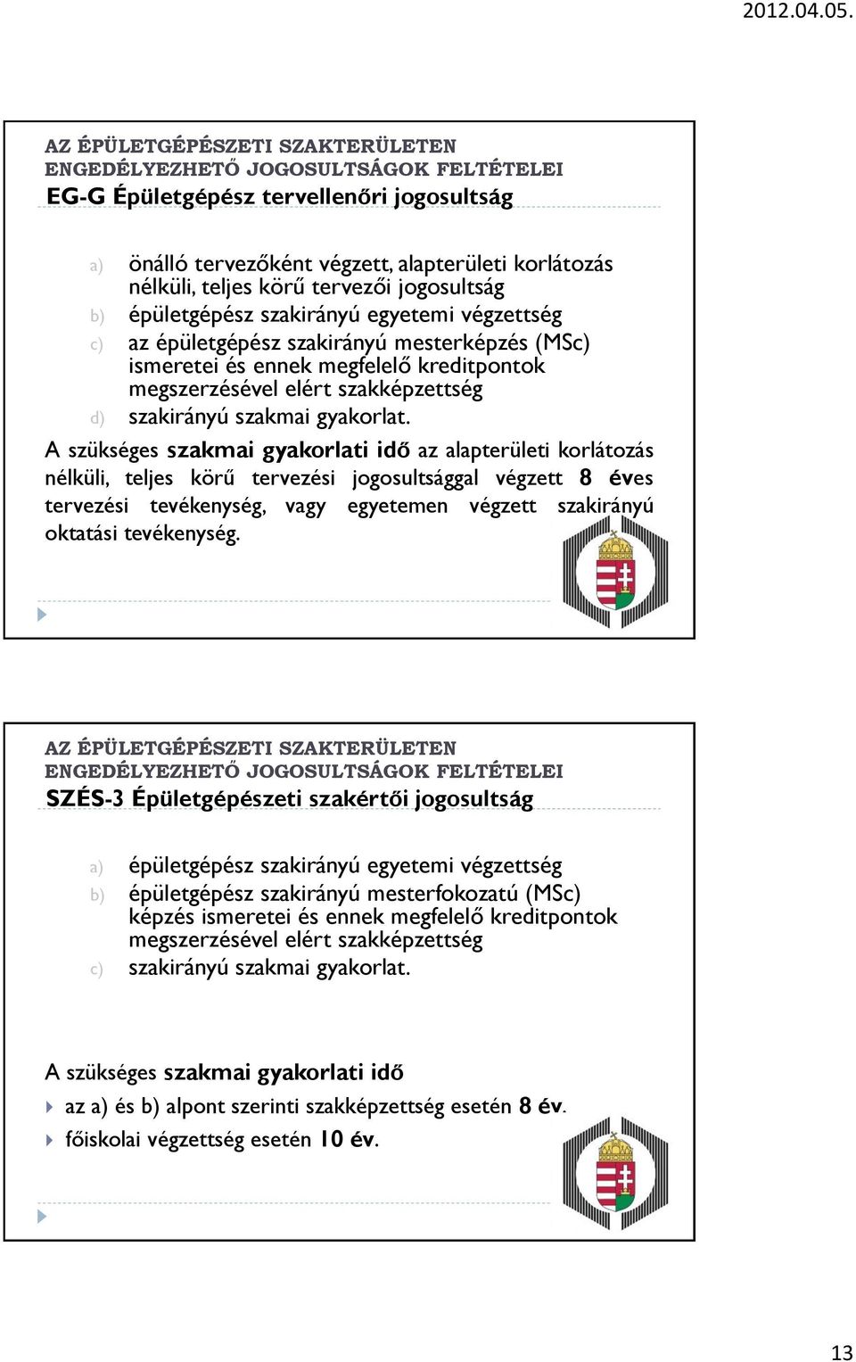 A szükséges szakmai gyakorlati idő az alapterületi korlátozás nélküli, teljes körű tervezési jogosultsággal végzett 8 éves tervezési tevékenység, vagy egyetemen végzett szakirányú oktatási