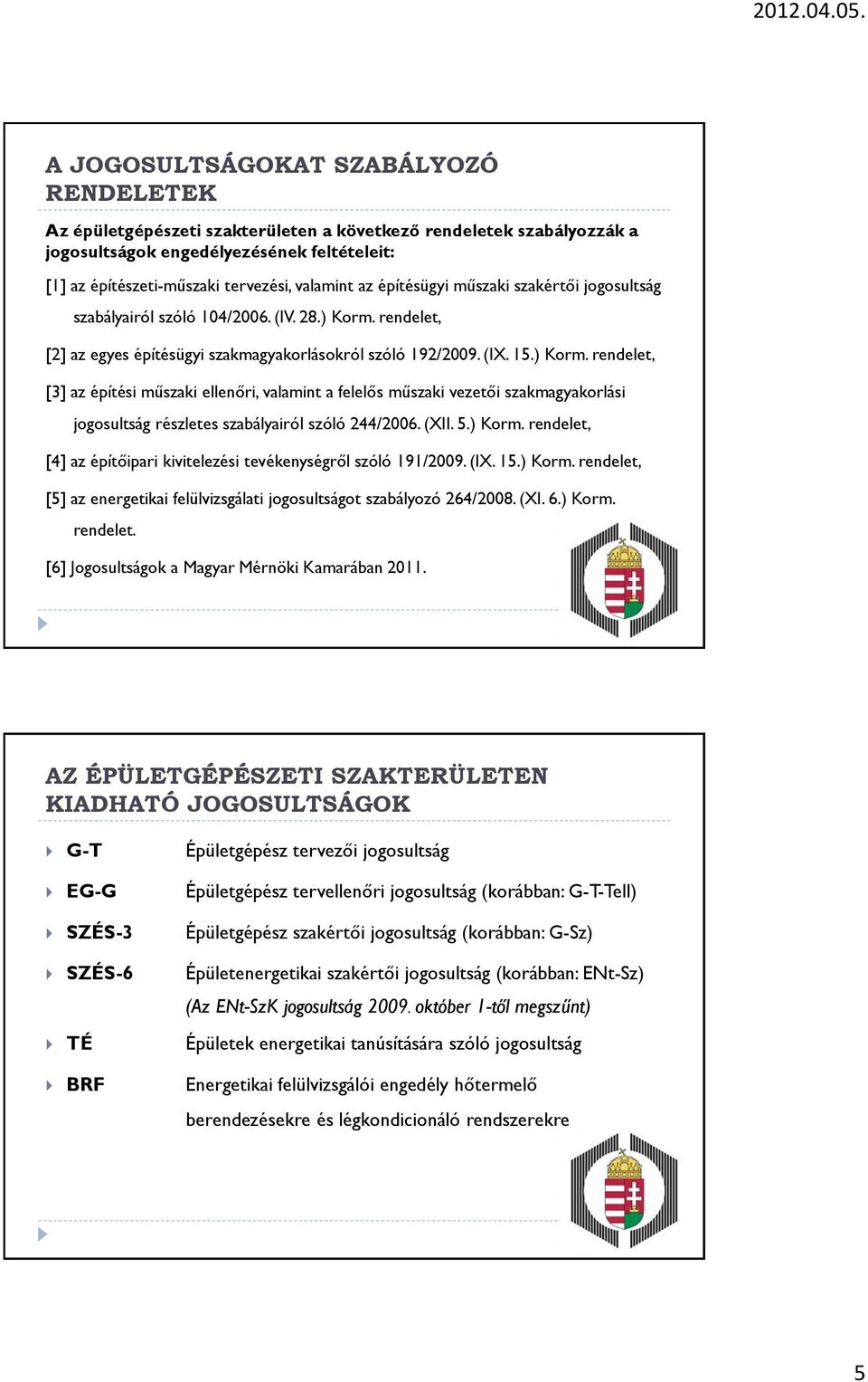 rendelet, [2] az egyes építésügyi szakmagyakorlásokról szóló 192/2009. (IX. 15.) Korm.