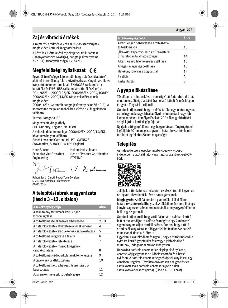 Megfelelőségi nyilatkozat Egyedüli felelőséggel kijelentjük, hogy a Műszaki adatok alatt leírt termék megfelel a következő szabványoknak, illetve irányadó dokumentumoknak: EN 60335 (akkumulátor