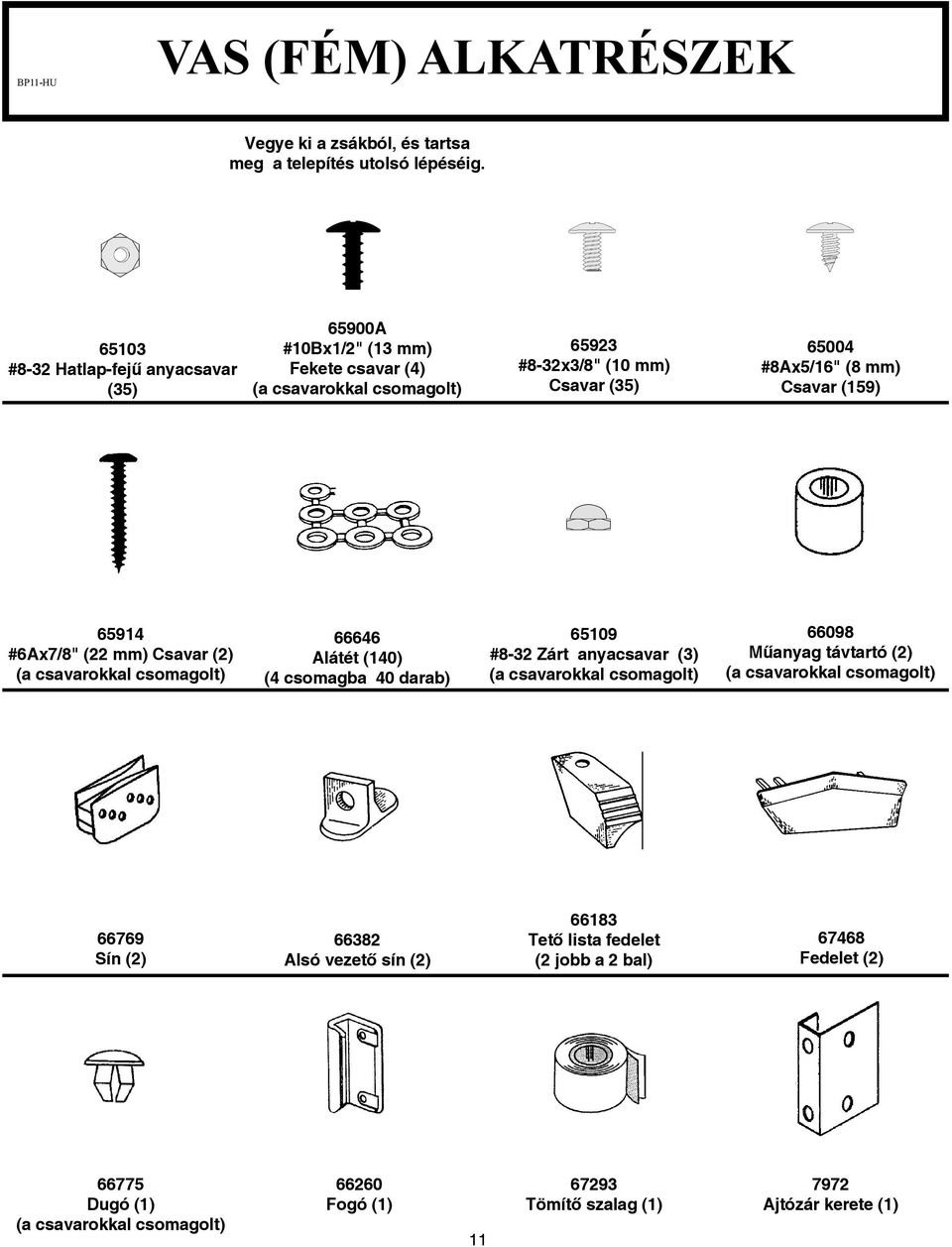 Csavar (159) 65914 #6Ax7/8" (22 mm) Csavar (2) (a csavarokkal csomagolt) 66646 Alátét (140) (4 csomagba 40 darab) 65109 #8-32 Zárt anyacsavar (3) (a csavarokkal csomagolt)