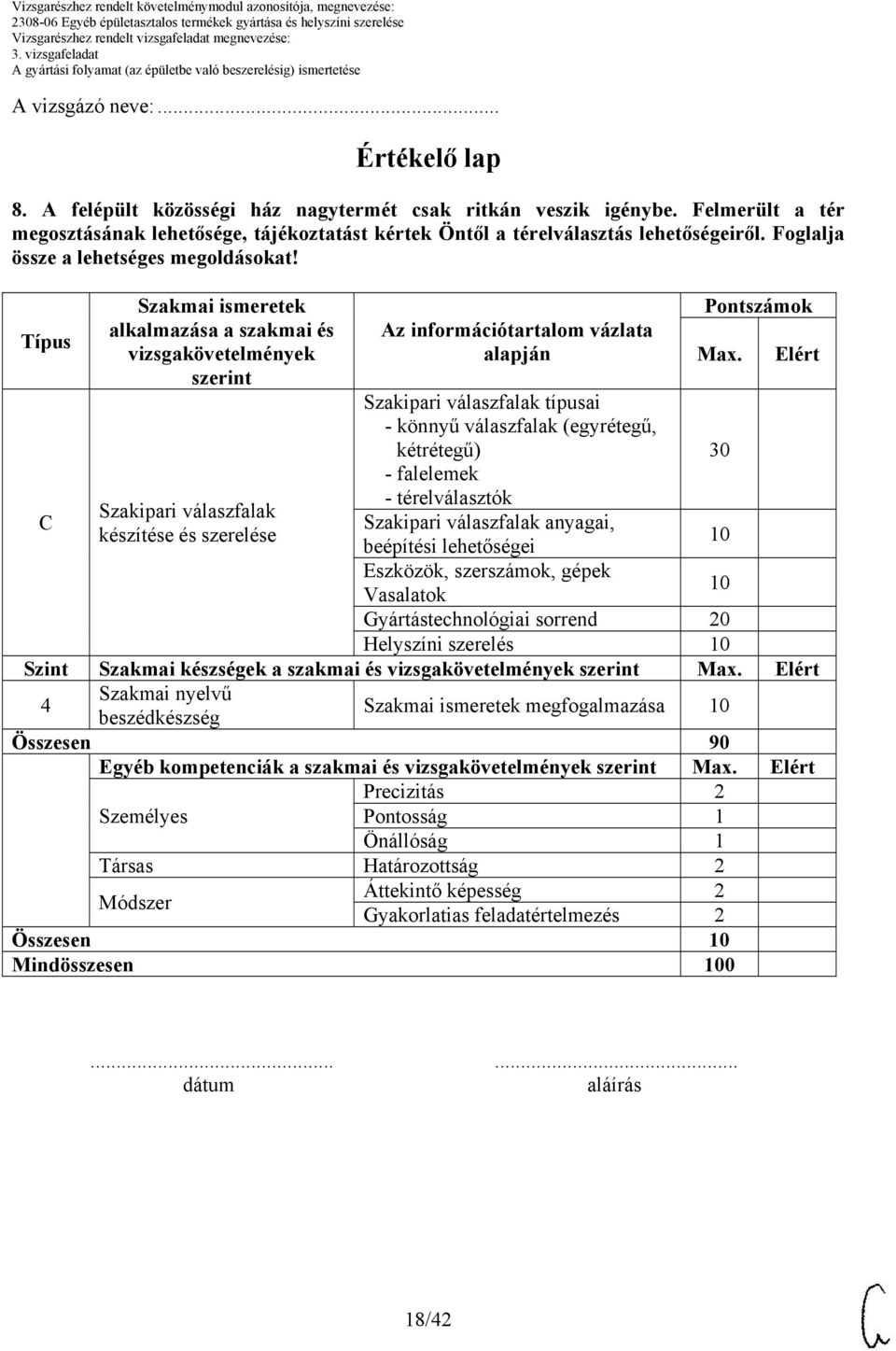 Típus alkalmazása a szakmai és vizsgakövetelmények szerint Az információtartalom vázlata alapján Pontszámok Max.