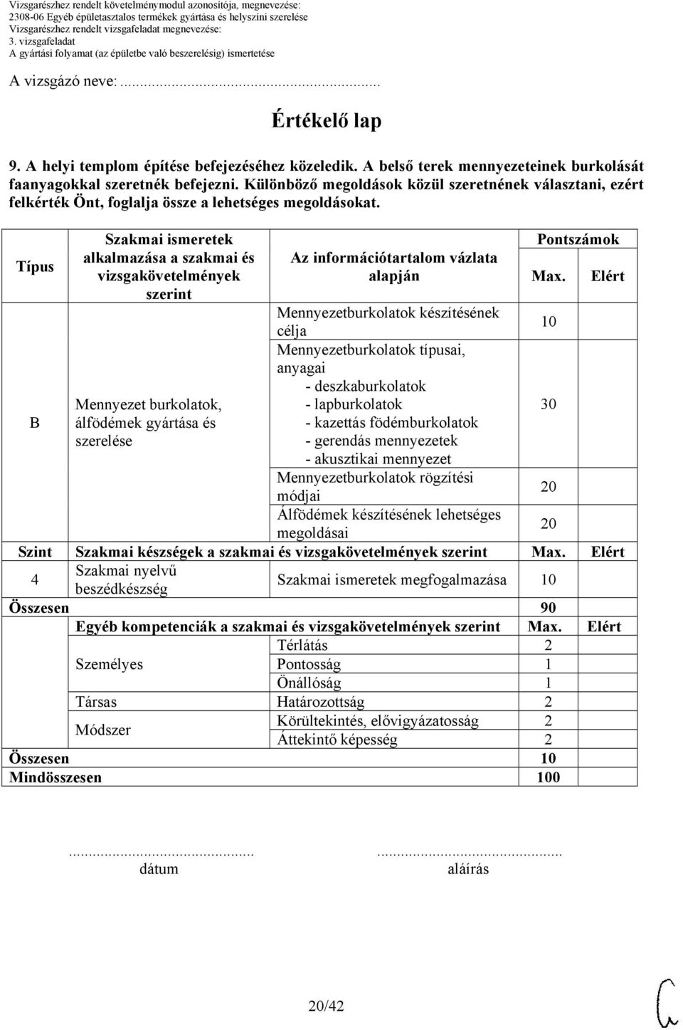 Típus alkalmazása a szakmai és vizsgakövetelmények szerint Az információtartalom vázlata alapján Pontszámok Max.