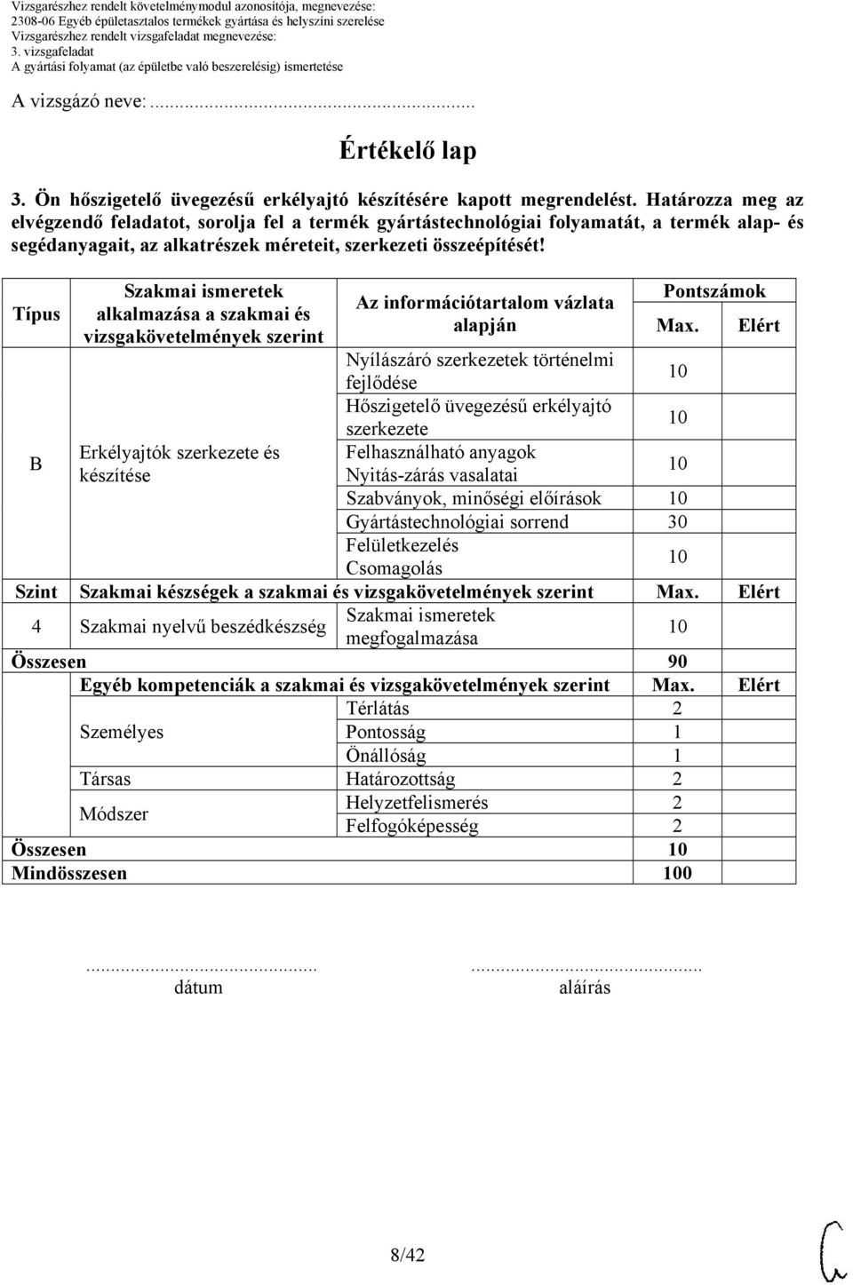 Típus alkalmazása a szakmai és vizsgakövetelmények szerint Az információtartalom vázlata alapján Pontszámok Max.