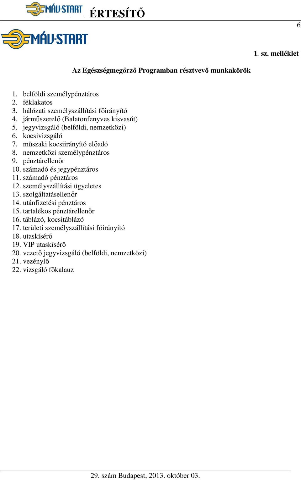 pénztárellenőr 10. számadó és jegypénztáros 11. számadó pénztáros 12. személyszállítási ügyeletes 13. szolgáltatásellenőr 14. utánfizetési pénztáros 15.