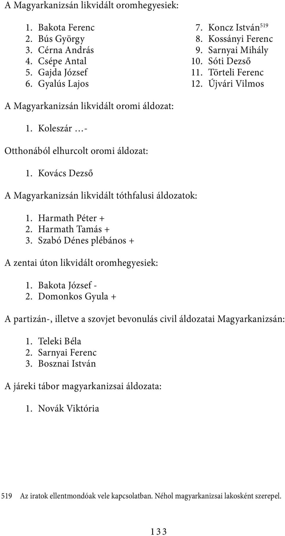 Kovács Dezső A Magyarkanizsán likvidált tóthfalusi áldozatok: 1. Harmath Péter + 2. Harmath Tamás + 3. Szabó Dénes plébános + A zentai úton likvidált oromhegyesiek: 1. Bakota József - 2.