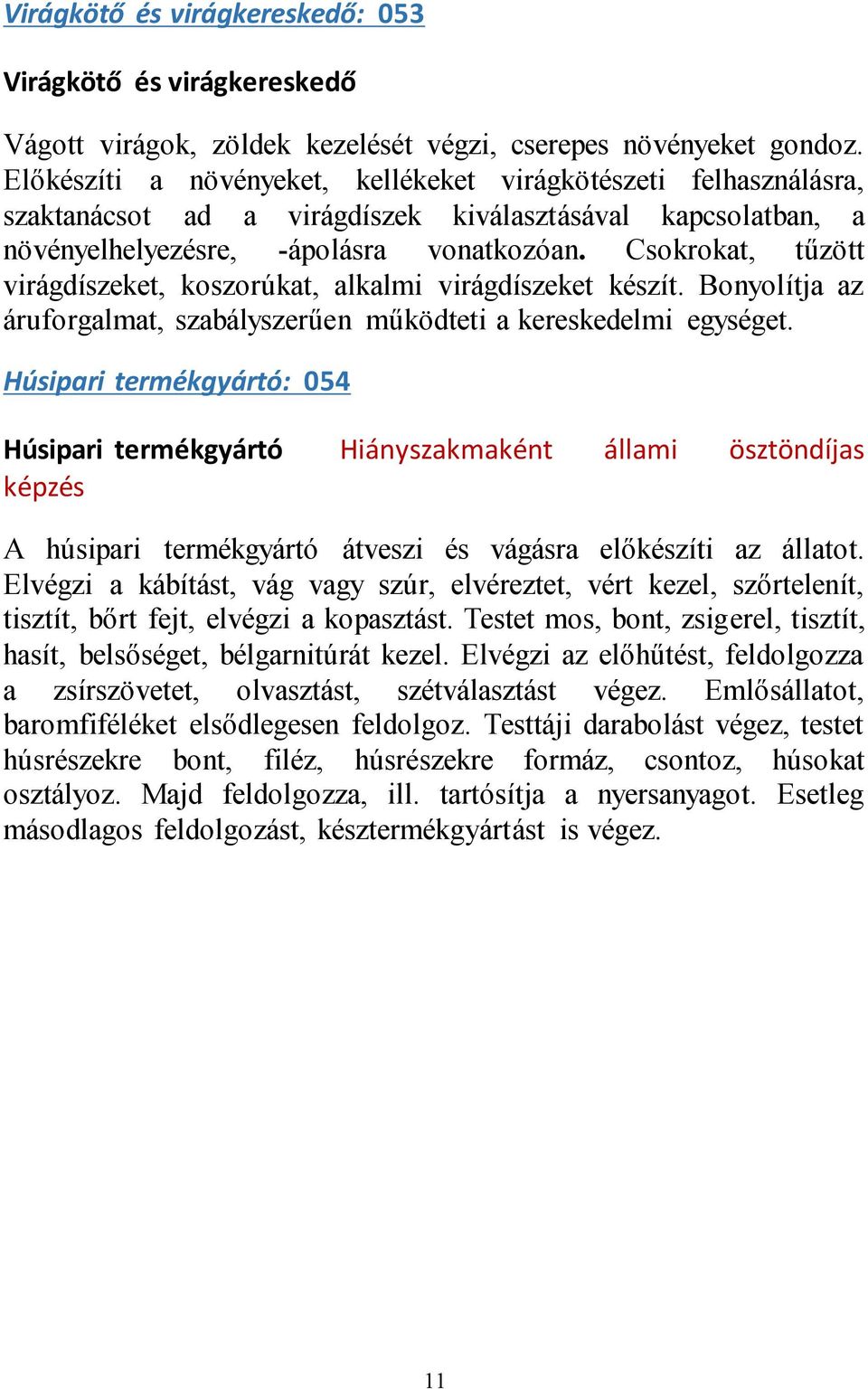 Csokrokat, tűzött virágdíszeket, koszorúkat, alkalmi virágdíszeket készít. Bonyolítja az áruforgalmat, szabályszerűen működteti a kereskedelmi egységet.