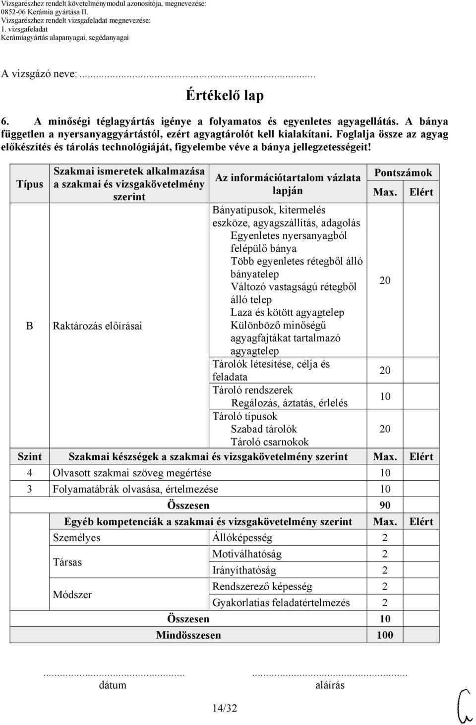 Típus B Szakmai ismeretek alkalmazása a szakmai és vizsgakövetelmény szerint Raktározás előírásai Az információtartalom vázlata lapján Bányatípusok, kitermelés eszköze, agyagszállítás, adagolás