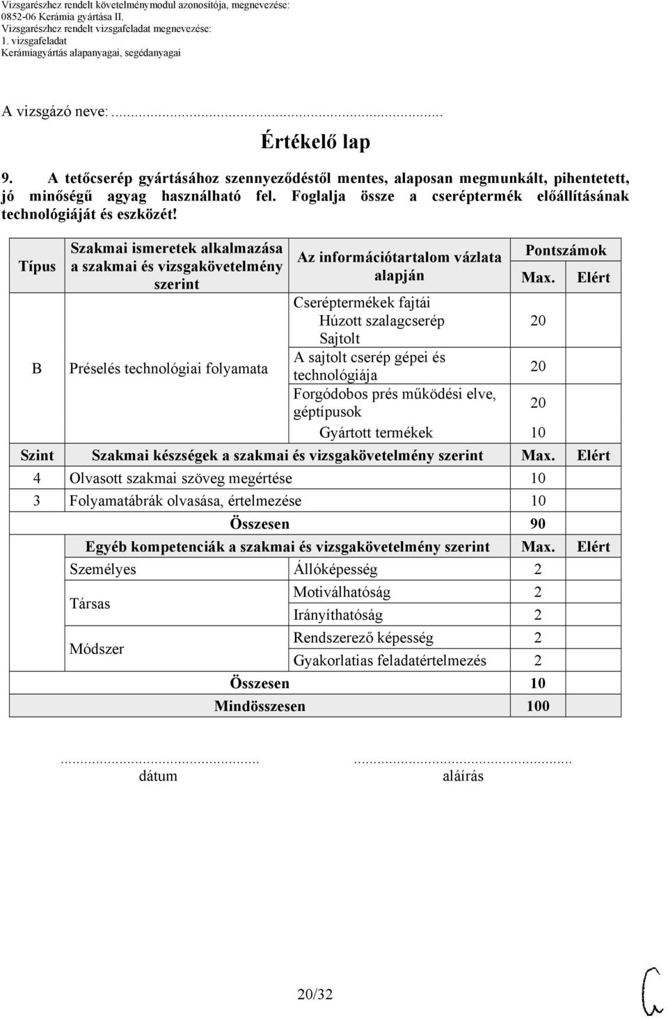 Típus B Szakmai ismeretek alkalmazása a szakmai és vizsgakövetelmény szerint Préselés technológiai folyamata Az információtartalom vázlata alapján Pontszámok Max.