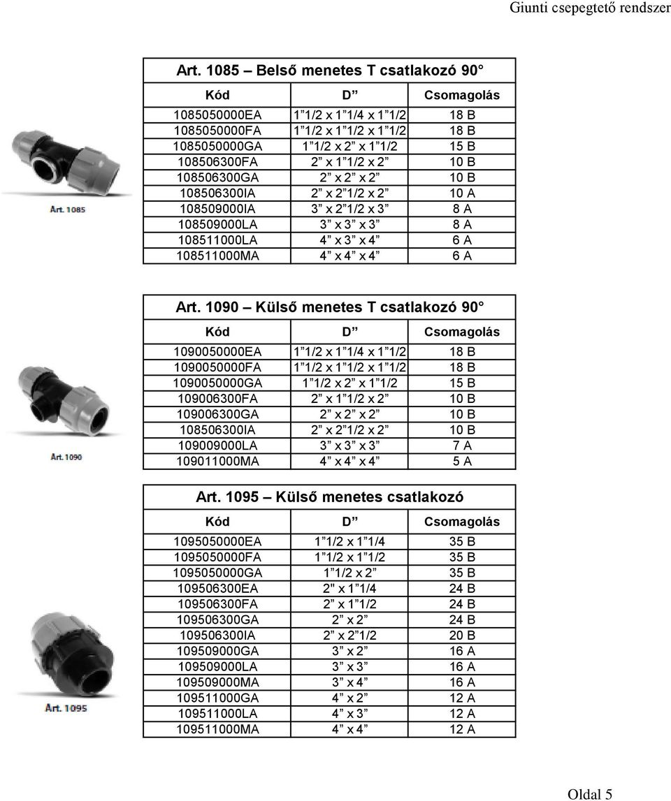 1090 Külső menetes T csatlakozó 90 Kód D Csomagolás 1090050000EA 1 1/2 x 1 1/4 x 1 1/2 18 B 1090050000FA 1 1/2 x 1 1/2 x 1 1/2 18 B 1090050000GA 1 1/2 x 2 x 1 1/2 15 B 109006300FA 2 x 1 1/2 x 2 10 B