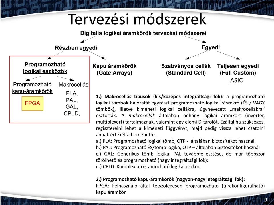 úgynevezett makrocellákra osztották. A makrocellák általában néhány logikai áramkört (inverter, multiplexert) tartalmaznak, valamint egy elemi D-tárolót.