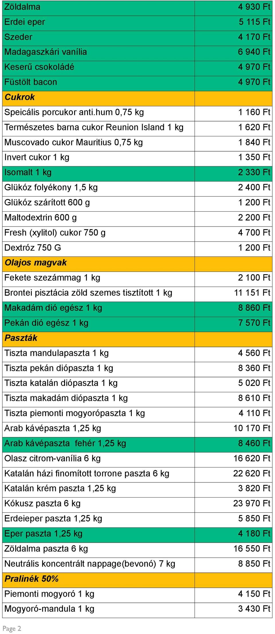 (xylitol) cukor 750 g Dextróz 750 G Olajos magvak Fekete szezámmag 1 kg Brontei pisztácia zöld szemes tisztított 1 kg Makadám dió egész 1 kg Pekán dió egész 1 kg Paszták Tiszta mandulapaszta 1 kg