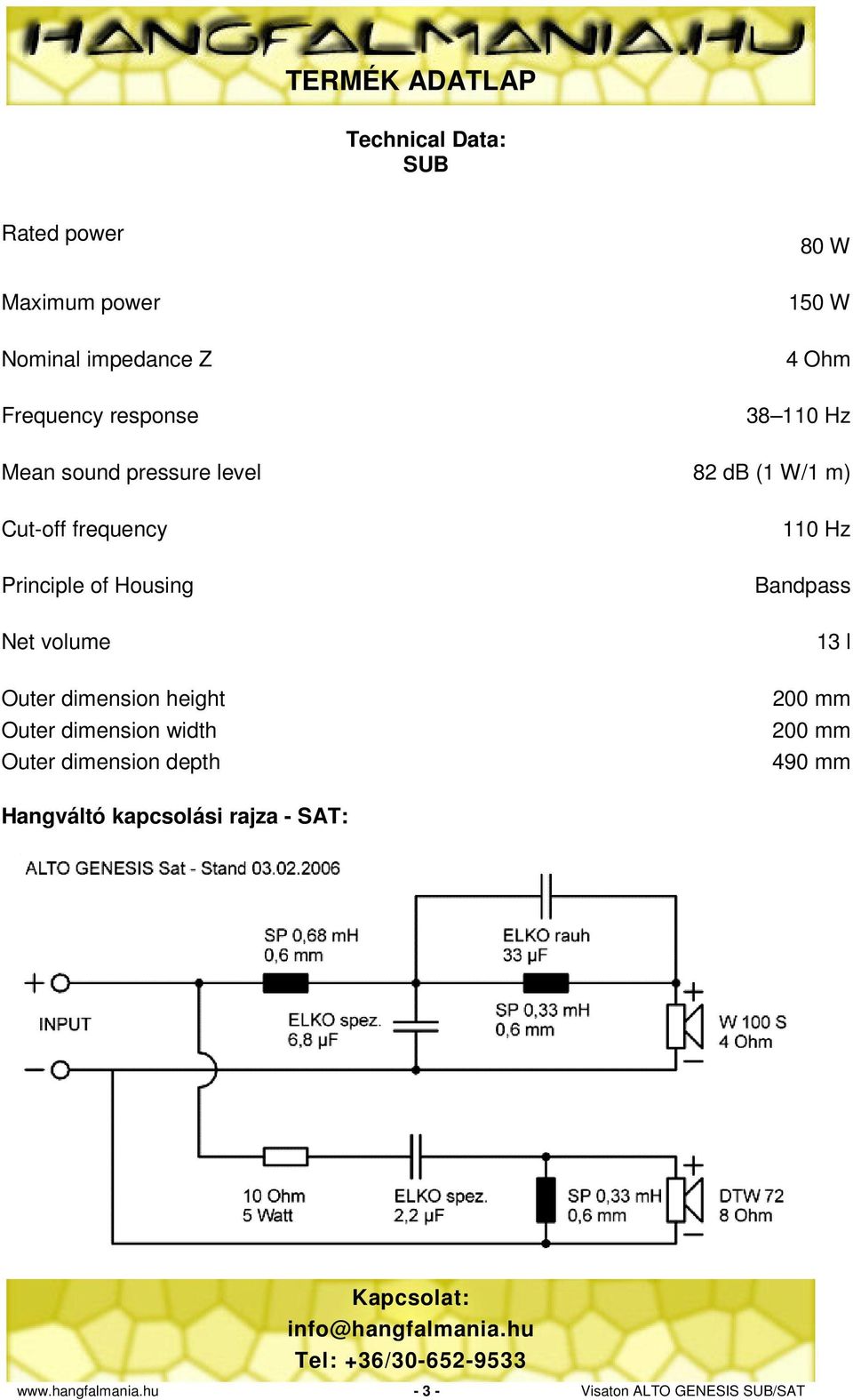 volume Outer dimension height Outer dimension width Outer dimension depth 110 Hz Bandpass 13 l 200