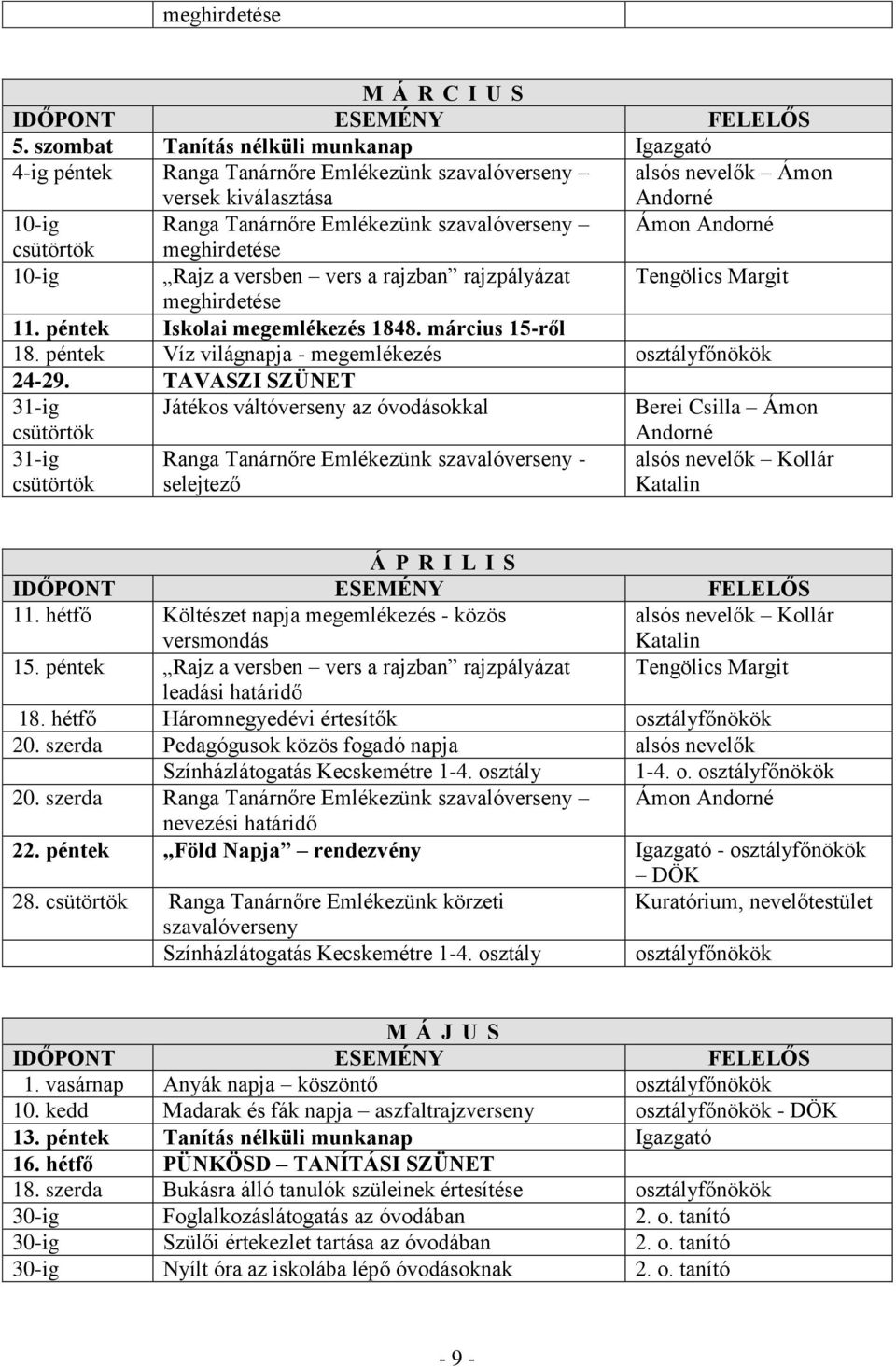 Andorné csütörtök meghirdetése 10-ig Rajz a versben vers a rajzban rajzpályázat Tengölics Margit meghirdetése 11. péntek Iskolai megemlékezés 1848. március 15-ről 18.