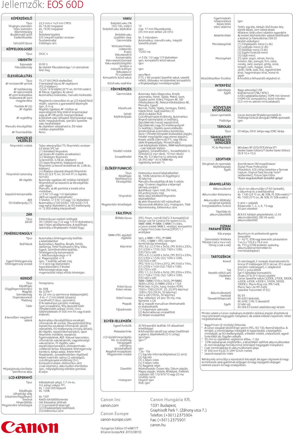 Bajonetzár Fókusztávolság ÉLESSÉGÁLLÍTÁS Típus AF-rendszer/AF-pontok AF hatótávolság AF-üzemmódok AF-pont kiválasztása Kiválasztott AF-pont megjelenítése Prediktív AF (6) AF-rögzítés AF-segédfény