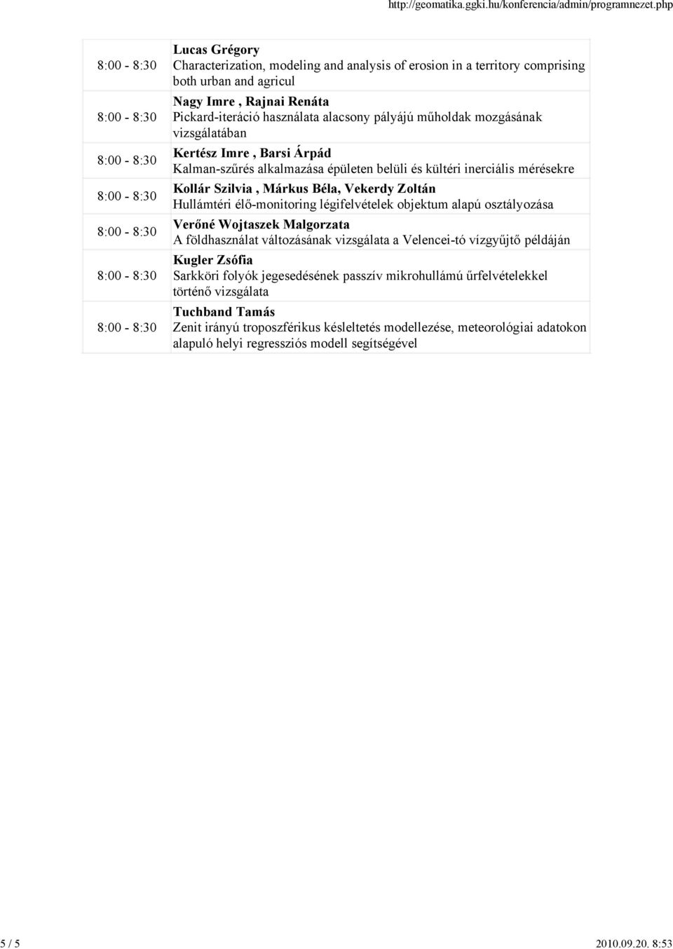 8:53 Lucas Grégory Characterization, modeling and analysis of erosion in a territory comprising both urban and agricul Nagy Imre, Rajnai Renáta Pickard-iteráció használata alacsony pályájú műholdak