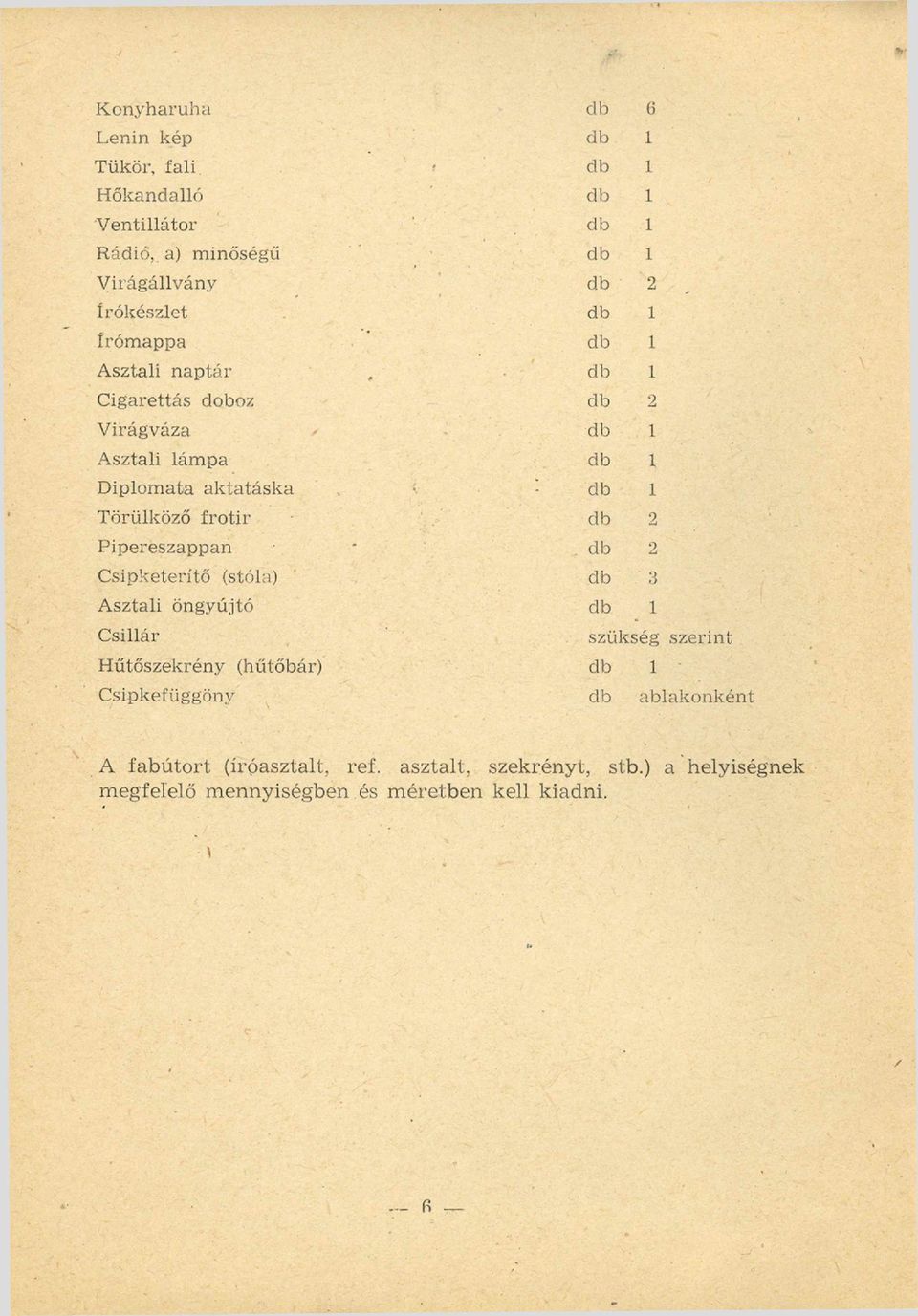 sipketerítő (stóla) A sztali öngyújtó C sillár H űtőszekrény (hűtőbár) C sipkefüggöny db 6 db 2 db 2 db 2 db 2 db 3 szükség szerin t