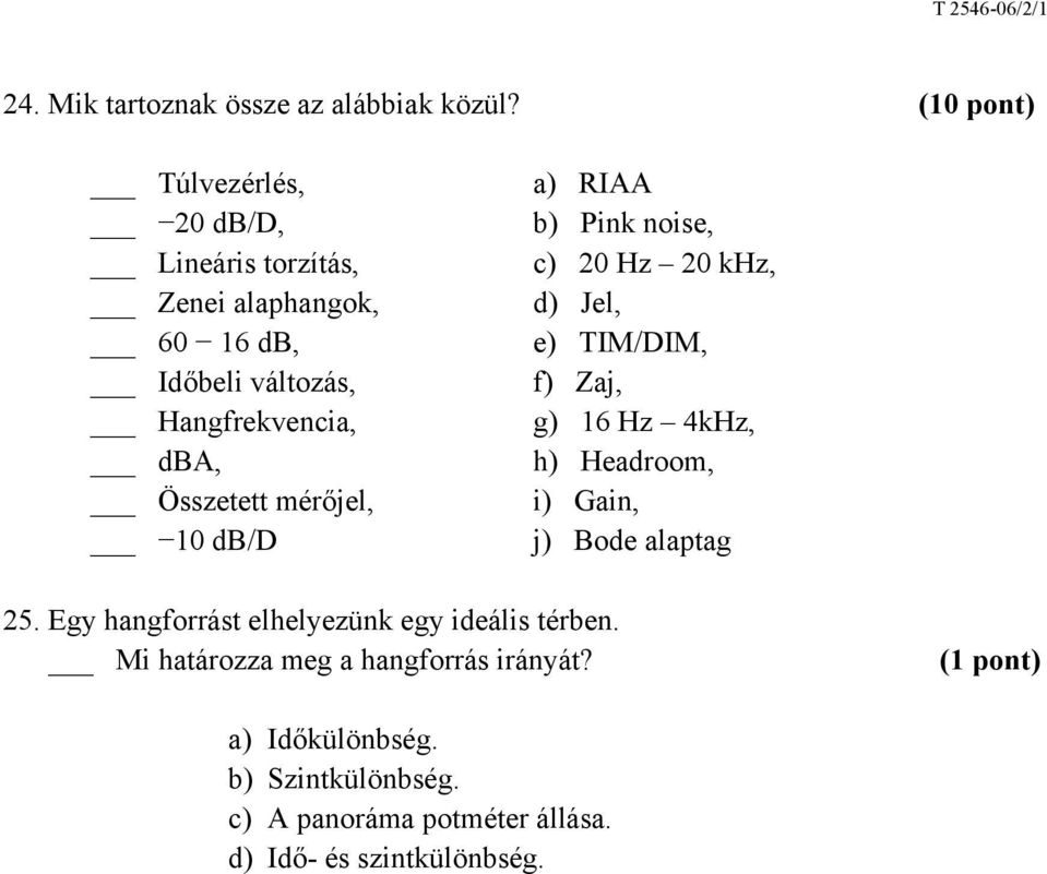 Összetett mérőjel, 10 db/d a) RIAA b) Pink noise, c) 20 Hz 20 khz, d) Jel, e) TIM/DIM, f) Zaj, g) 16 Hz 4kHz, h) Headroom,