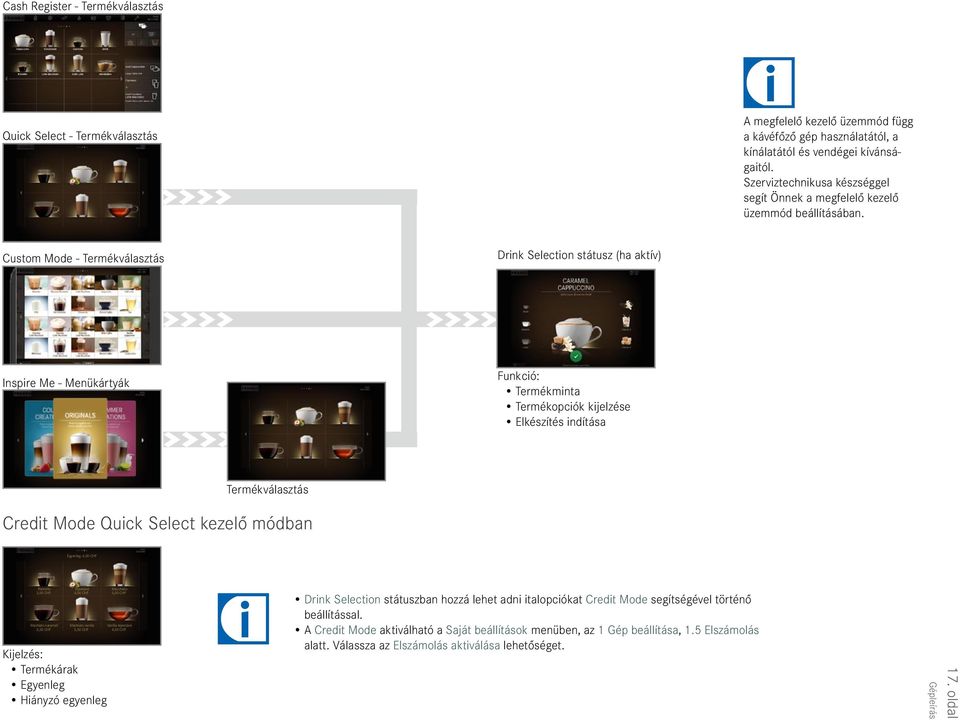 Custom mode - Termékválasztás drnk Selecton státusz (ha aktív) nspre me - menükártyák Funkcó: Termékmnta Termékopcók kjelzése elkészítés ndítása Termékválasztás Credt mode Quck Select kezelő módban