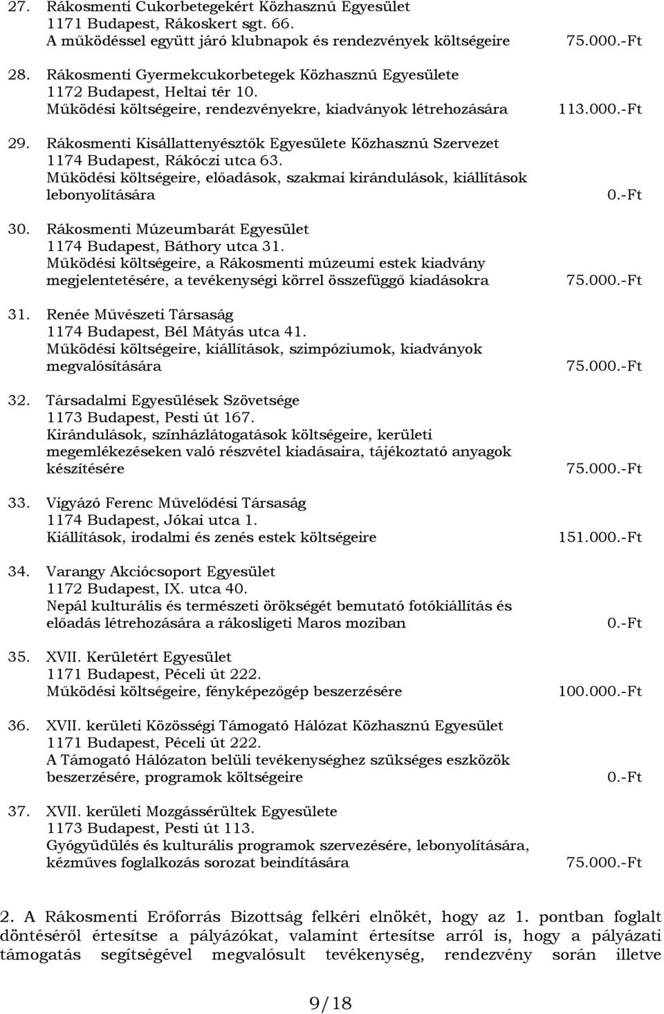 Rákosmenti Kisállattenyésztők Egyesülete Közhasznú Szervezet 1174 Budapest, Rákóczi utca 63. Működési költségeire, előadások, szakmai kirándulások, kiállítások lebonyolítására 30.