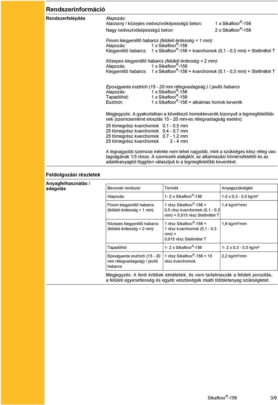 Sikafloor -156 Kiegyenlítő habarcs: 1 x Sikafloor -156 + kvarchomok (0,1-0,3 mm) + Stellmittel T Feldolgozási részletek Epoxigyanta esztrich (15-20 mm rétegvastagság ) / javító habarcs Alapozás: 1 x