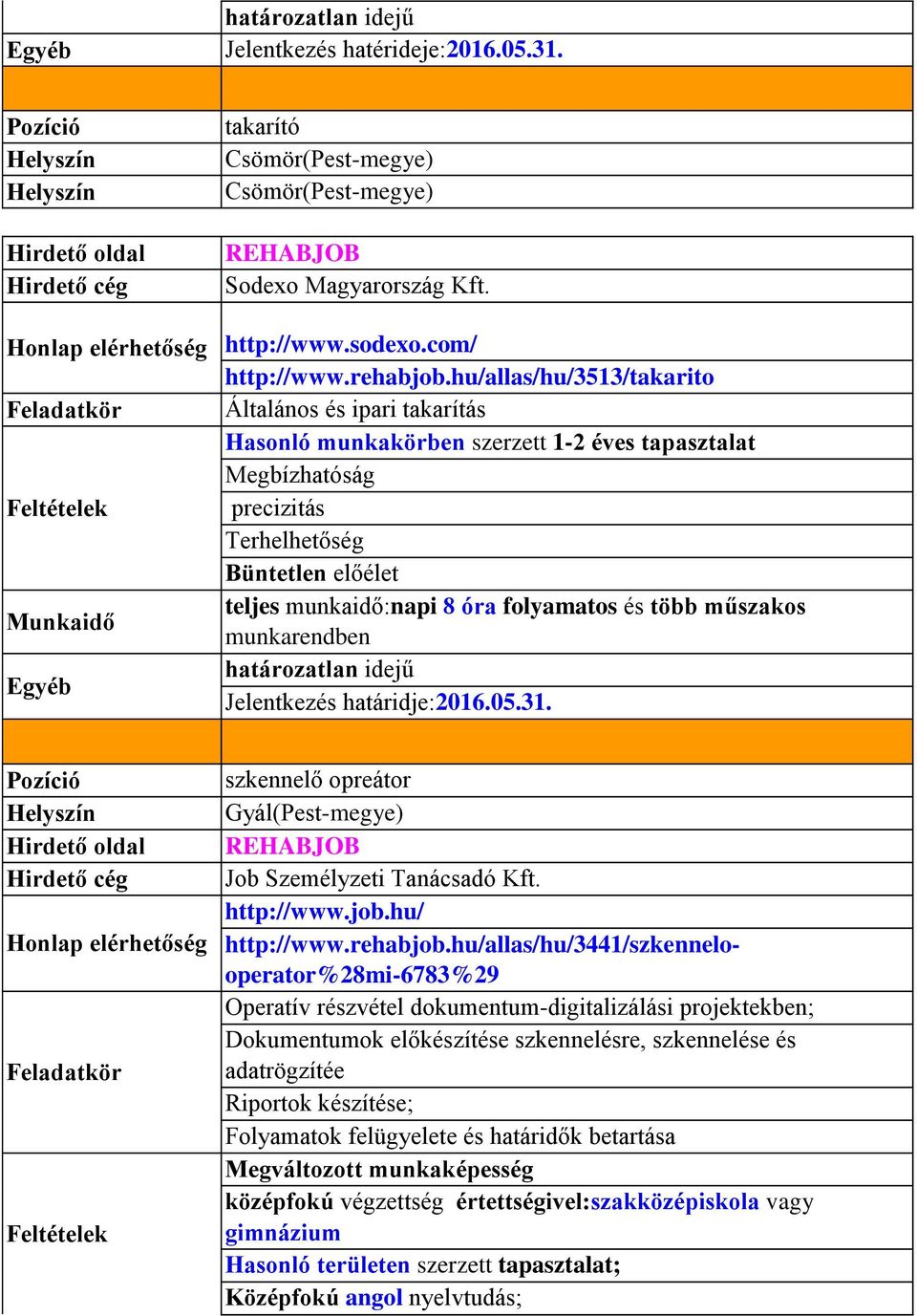 és több műszakos Munkaidő munkarendben Jelentkezés határidje:2016.05.31. szkennelő opreátor Gyál(Pest-megye) Job Személyzeti Tanácsadó Kft. http://www.job.hu/ http://www.rehabjob.