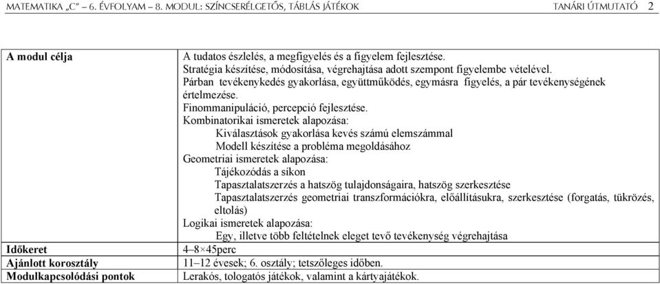 Stratégia készítése, módosítása, végrehajtása adott szempont figyelembe vételével. Párban tevékenykedés gyakorlása, együttműködés, egymásra figyelés, a pár tevékenységének értelmezése.