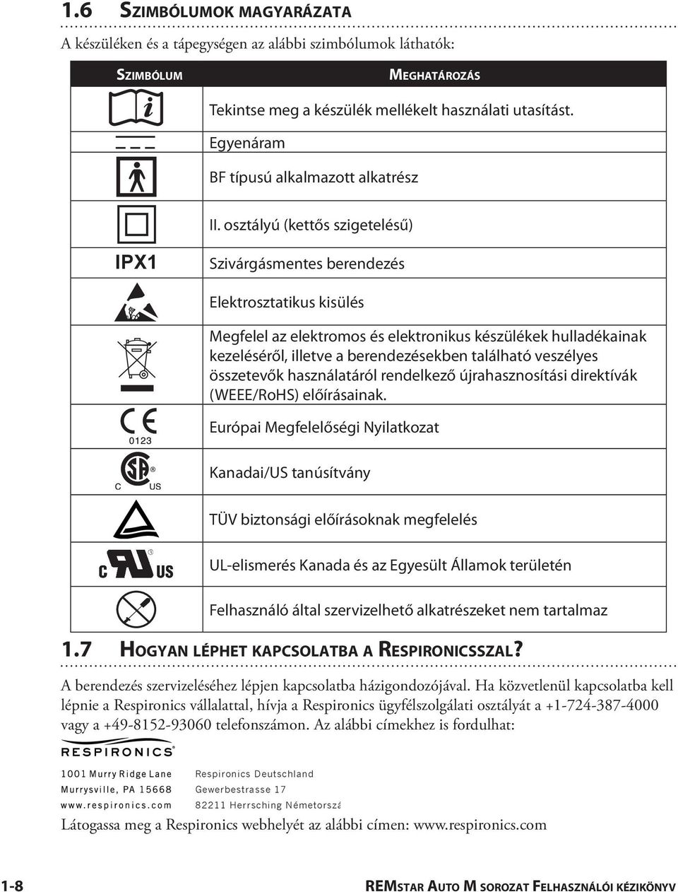 osztályú (kettős szigetelésű) IPX1 Szivárgásmentes berendezés Elektrosztatikus kisülés Megfelel az elektromos és elektronikus készülékek hulladékainak kezeléséről, illetve a berendezésekben található