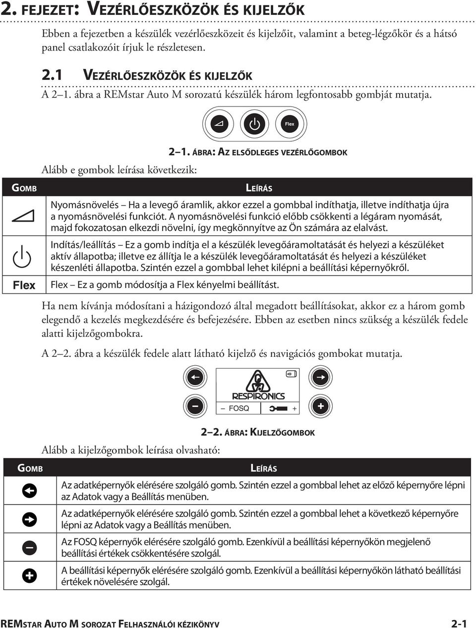 á b r a: Az e l s ő d l e g e s v e z é r l ő g o m b o k Go m b Flex Le í r á s Nyomásnövelés Ha a levegő áramlik, akkor ezzel a gombbal indíthatja, illetve indíthatja újra a nyomásnövelési funkciót.