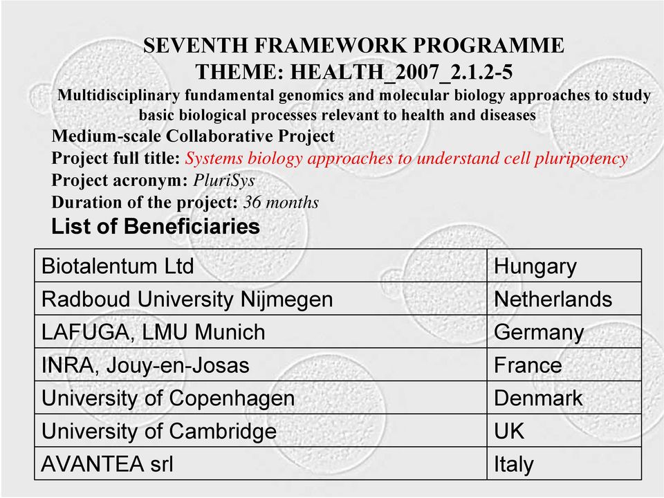 Medium-scale Collaborative Project Project full title: Systems biology approaches to understand cell pluripotency Project acronym: PluriSys