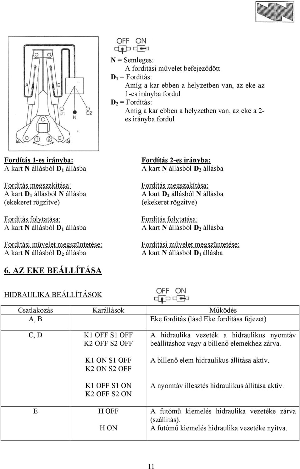 Fordítási művelet megszüntetése: A kart N állásból D 2 állásba Fordítás 2-es irányba: A kart N állásból D 2 állásba Fordítás megszakítása: A kart D 2 állásból N állásba (ekekeret rögzítve) Fordítás